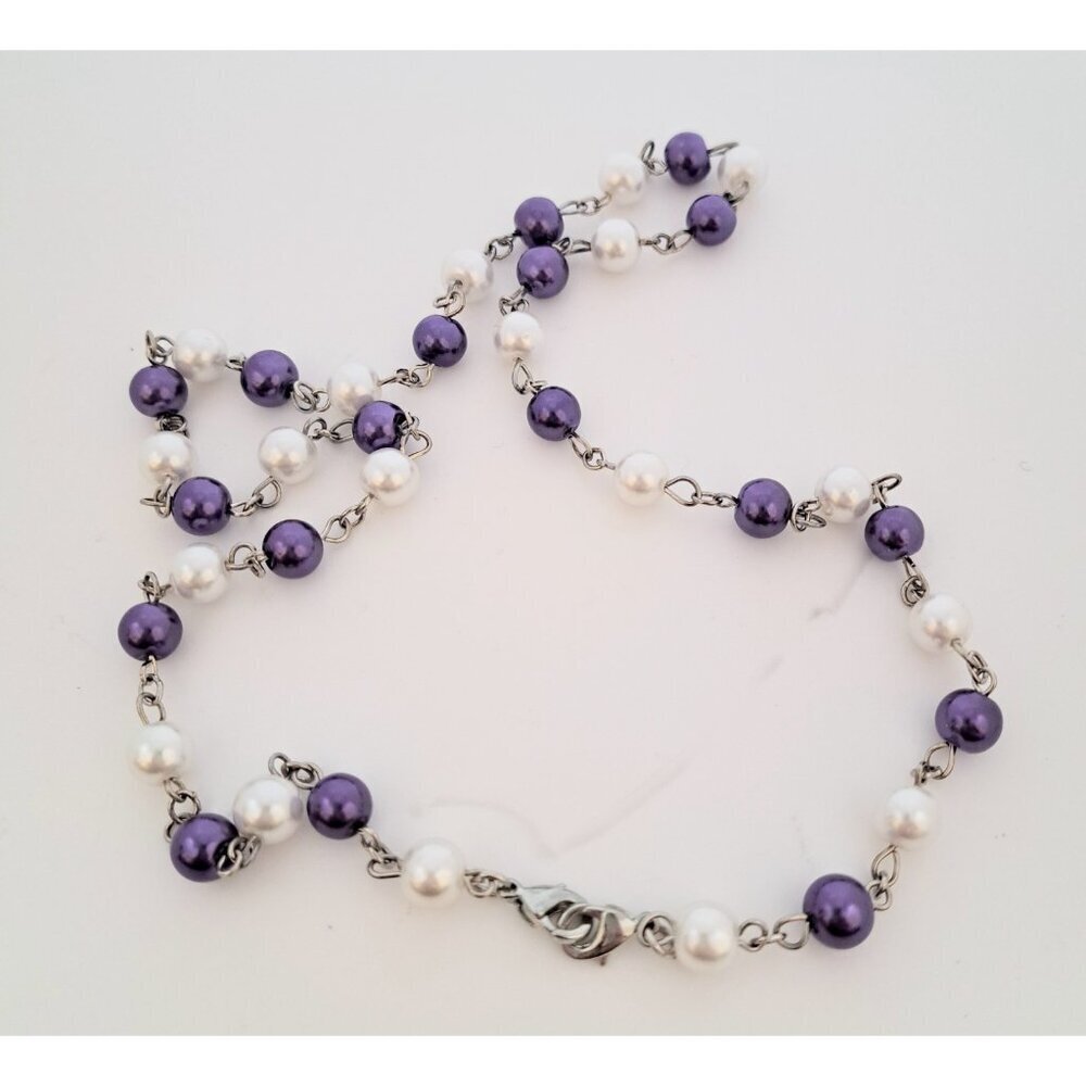 Women’s Purple & White Bead Necklace‎ Silver Tone Accents Costume Jewelry Beads